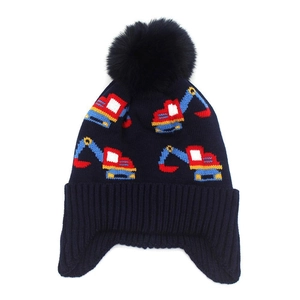 Kids navy knit winter hat with excavator pattern, earflaps and black faux fur pompom