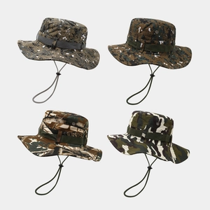 Camouflage Boonie Hat Wide Brim Sun Protection Adjustable Chin Strap Outdoor Hiking Fishing Tactical Polyester Cotton