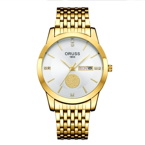 Business quartz watch in gold stainless steel with date display and white dial