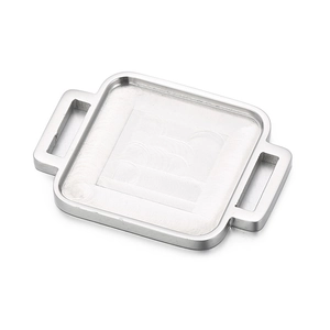 Minimalist silver stainless steel rectangular pendant tray with dual handles on white background