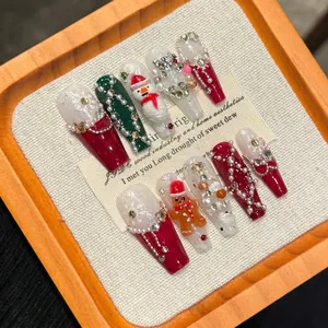 Handmade Christmas gingerbread man press-on nails with 3D snowman and pearl chains