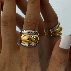 Retro chunky tri-tone stainless steel rings for women with polished metallic finish