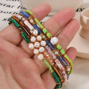 Handmade natural pearl and colorful stone bead bracelets set for women's jewelry