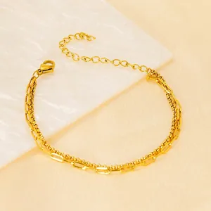 Layered Double Bracelet 18K Gold Plated Stainless Steel Minimalist Paperclip And Round Bead Adjustable Jewelry For Women