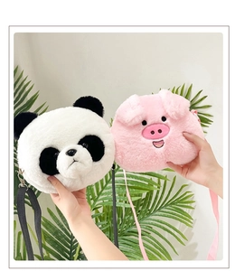 Cute plush animal crossbody bags featuring panda and pig designs with soft texture
