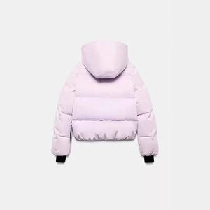 Damen Steppjacke mit Kapuze und Hose in Hellviolett mit winddichten schwarzen Bündchen