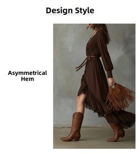 Detail of bohemian brown V-neck dress featuring an asymmetric ruffled hemline and tie waist