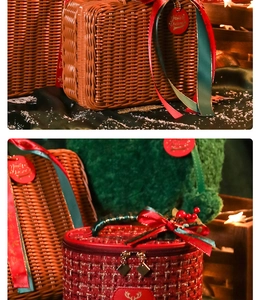Close-up of woven Christmas gift baskets with festive red ribbons and holiday tags