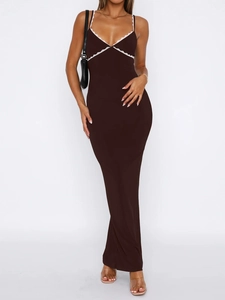 Deep brown bodycon maxi dress with white lace trim and slim straps for Y2K style