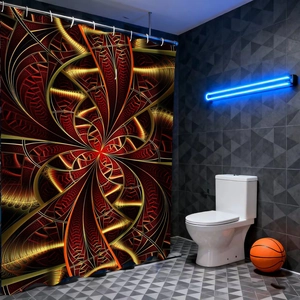 Detail of waterproof mandala shower curtain with red and gold fractal geometric pattern