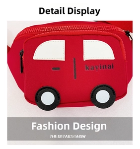Detail of red car-shaped canvas chest bag for kids with creative wheel decorations