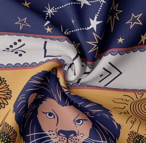 Detailed close-up showing woven texture and zodiac constellation print of tapestry