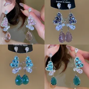 Butterfly Drop Earrings Zircon Copper 925 Sterling Silver Earring Post Long Water Drop Pendant Elegant Jewelry For Women