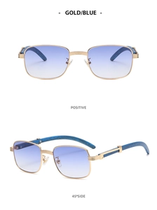 Square metal sunglasses with gold frame, blue gradient lenses and blue wood grain temples