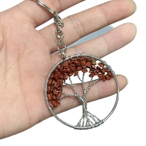 Handmade silver Tree of Life keychain with natural reddish brown stone crystal pendant