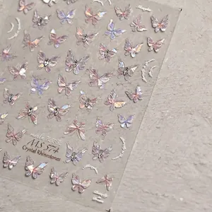 3D butterfly nail art stickers with aurora crystal gems for DIY manicure decor