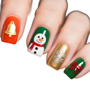 Christmas snowman press-on nails with festive reindeer, snowflakes and glitter designs