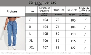 Detailed size chart for retro cargo jeans including length, waist, and hip measurements