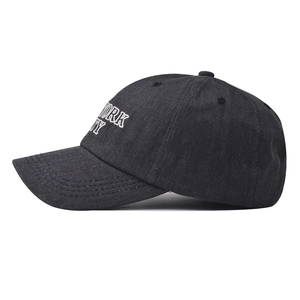 Close-up of white NEW YORK CITY embroidery on side of dark grey cotton baseball cap