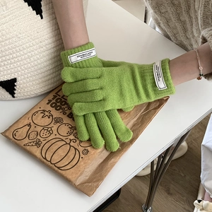 Knitted Winter Warm Gloves Soft Thick Elastic Candy Colors Label Decor Touch Screen Finger Openings Women
