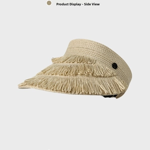 Detail of straw sun visor featuring triple fringe brim and decorative side button