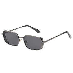 Vintage Metall-Sonnenbrille in Gunmetal mit rechteckigem Rahmen und Mesh-Details seitlich