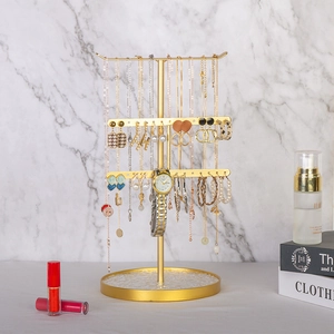 Multi-tier gold metal jewelry organizer with round base for necklaces and earrings