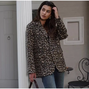 Detail shot of leopard print blazer featuring notched lapels and functional flap pockets