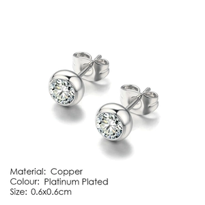 Close-up of 0.6x0.6cm platinum plated copper stud earrings with clear zircon stones