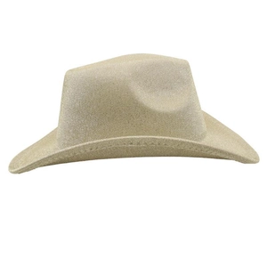 Detail of wide-brim glitter cowboy hat with golden shimmering finish and curled edges