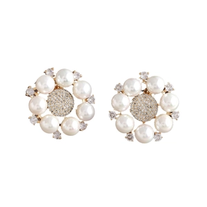 Elegant gold flower stud earrings with white faux pearls and sparkling rhinestones