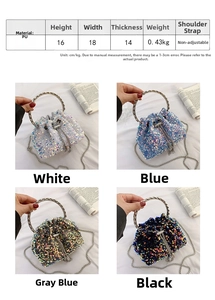 Size chart and dimensions for the sequined bucket bag with handle and chain strap