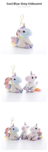 Detail of colorful plush unicorn keychain with rainbow fur and sparkling sequin legs