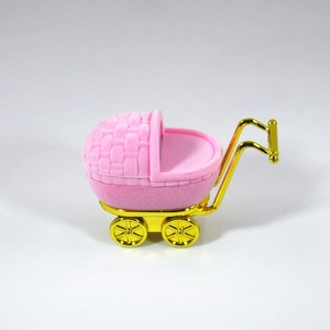 Pink velvet baby stroller jewelry box with gold metal wheels for rings and necklaces