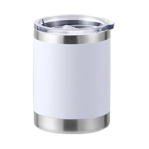 Close-up of a white 304 stainless steel tumbler with a clear lid and handle