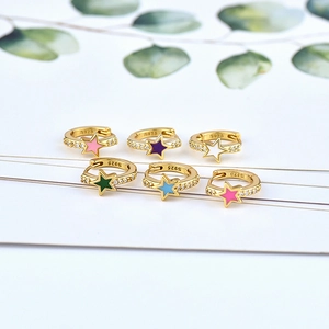 Fashionable S925 silver star hoop earrings with colorful enamel and zircon accents