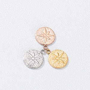 Stainless Steel Round Disc Charm Eight Pointed Star Compass Pendant Hammered Texture Vintage DIY Jewelry Making