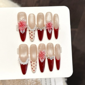 Handmade Press On Nails 3D Floral Rhinestone Artificial Pearl Red Gradient Cat Eye Long Stiletto Fake Nails For Women