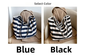 Close-up of blue and black striped canvas tote bags showing premium fabric textures