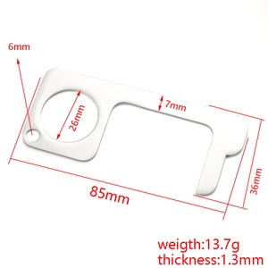 Silver EDC contactless door opener keychain tool with precise dimensions and specifications