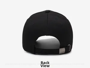 Detail of black baseball cap back view featuring adjustable metal buckle and fabric strap
