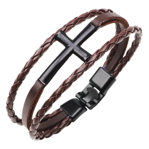 Brown braided leather bracelet with a black metal cross and secure metal buckle