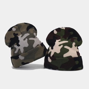 Camouflage Beanie Hat Acrylic Warm Knitted Winter Outdoor Casual Jacquard Cuffed Slouchy Skull Cap For Men