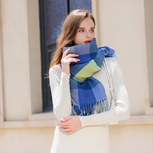 Colorful checkered scarf with tassels in blue and green, cozy winter cashmere feel