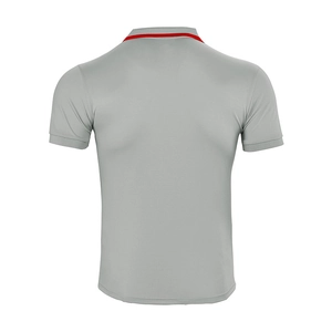 Detail view of the breathable grey polo shirt back with red striped collar trim