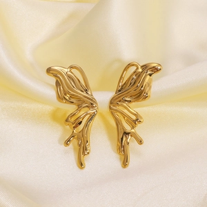 Stainless Steel Butterfly Wing Stud Earrings 18K Gold Plated Liquid Metal Molten Gold Style Niche Design For Women