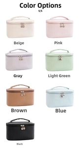 Detailed color selection showing 7 styles of quilted portable travel makeup bags
