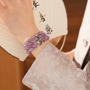Three-layer purple amethyst bead bracelet with silver hollow floral charms in vintage style