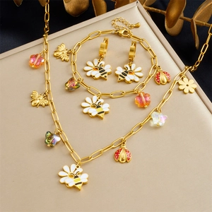 Fashion Bee Flower Ladybug Butterfly Charms Necklace Bracelet And Earrings Stainless Steel Enamel Jewelry For Women