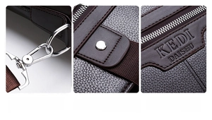 Close-up of leather texture, reinforced stitching, and silver metal hardware of the briefcase